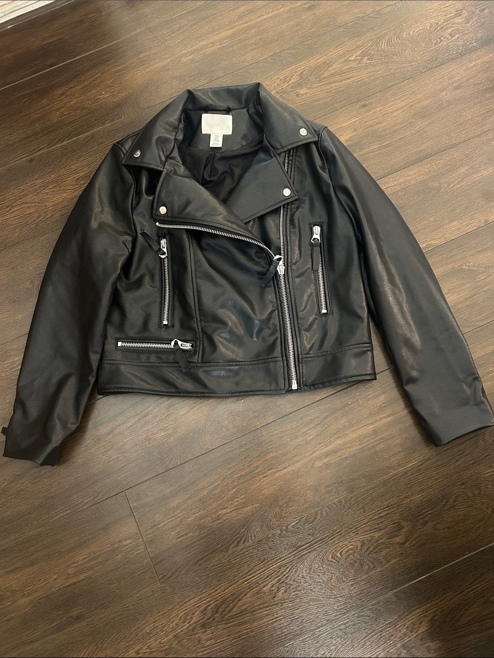 H&M Black Faux Leather Biker Jacket with Silver Zippers